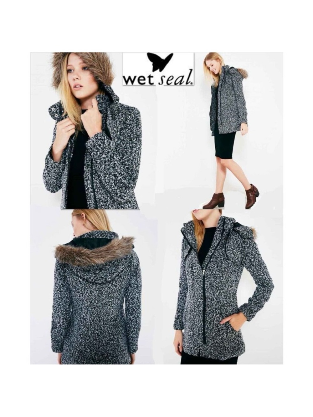 NWT Sz S Wet Seal Fur Wool Coat Hoodie Zipper coat Jacket Black White